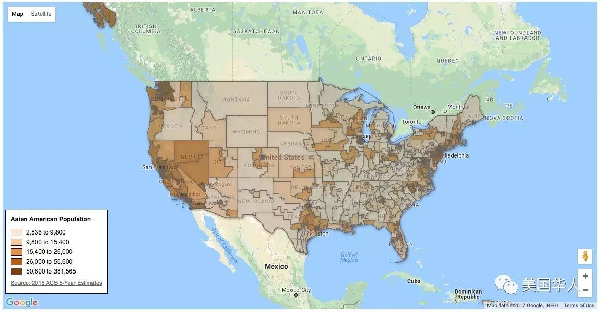 2015年美国亚裔细分人口按国会议区分布地图