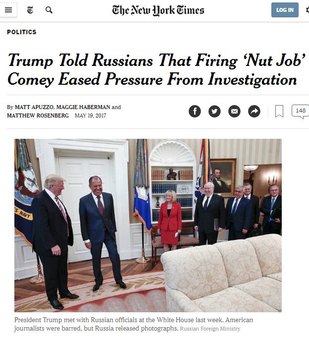 《纽时》《华邮》双双爆猛料：特朗普告诉俄国人：炒掉“疯子”科米为减轻调查压力 / “通俄门”调查已触及现任白宫高官 | 图姐