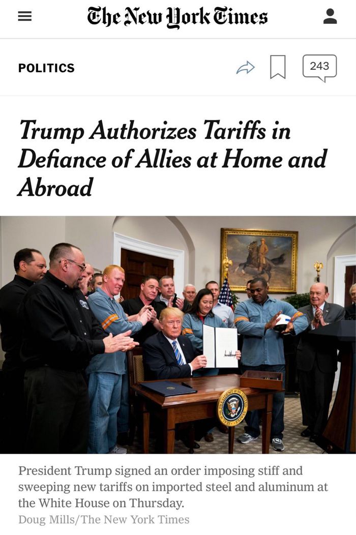 贸易战打响！特朗普正式签署钢铁和铝进口关税令