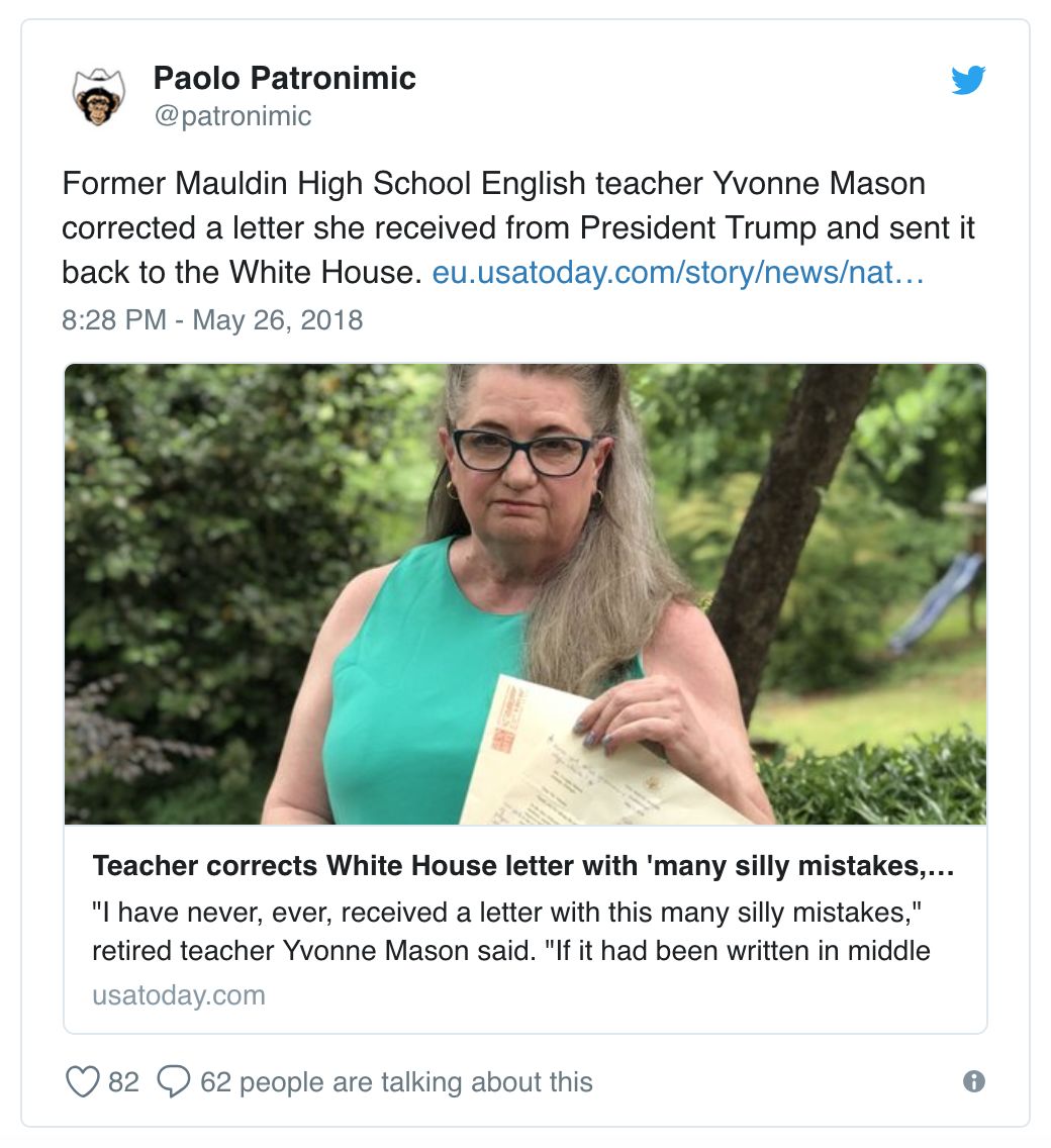 美国17年教龄英语老师给特朗普总统的来信纠错 | 图姐