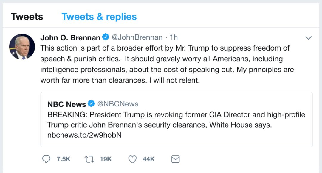 我不会屈服——被撤销机密许可的前CIA局长Brennan这样回应 | 图姐