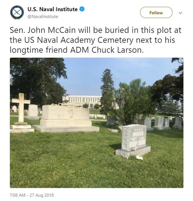 美国将为麦凯恩举行国葬 他将长眠于海军学院